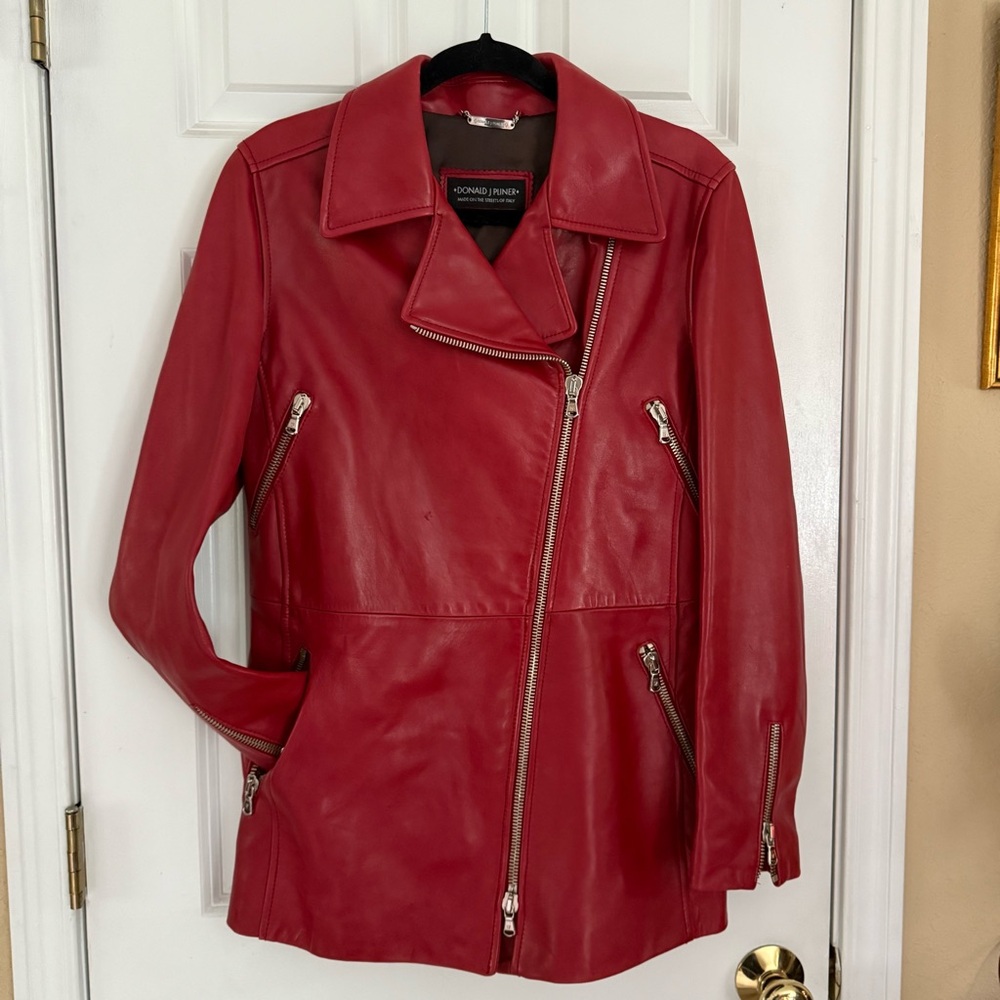 Donna Karan Red Leather Asymmetrical Zip Bomber Jacket